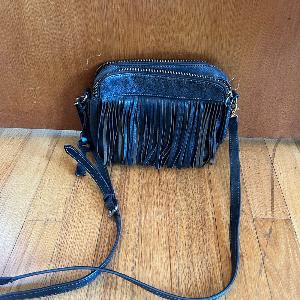 Fossil Black Leather Fringe Crossbody Bag